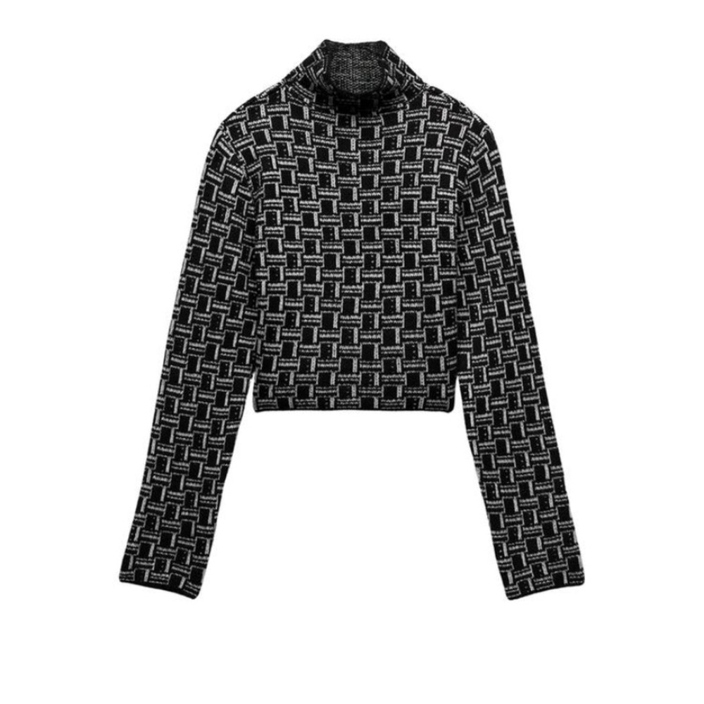 Zara geometric black and white long sleeve cropped sweater